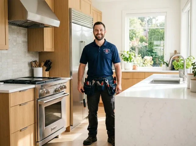 Appliance Repair Hero technician in a Boston, NY kitchen after an appliance repair