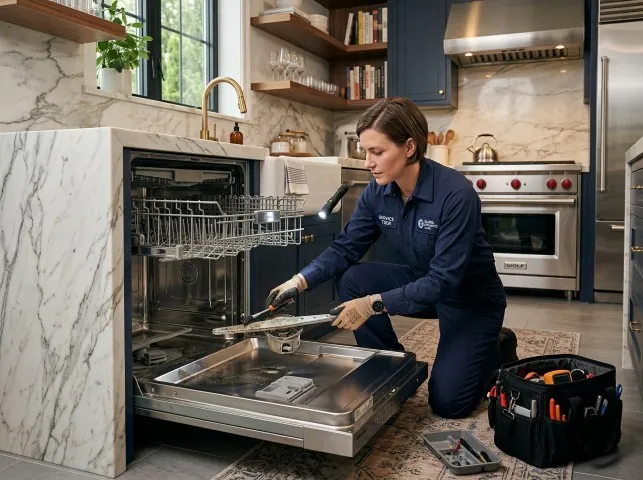 Appliance Repair Hero technician servicing a built-in dishwasher in a Boston, NY kitchen