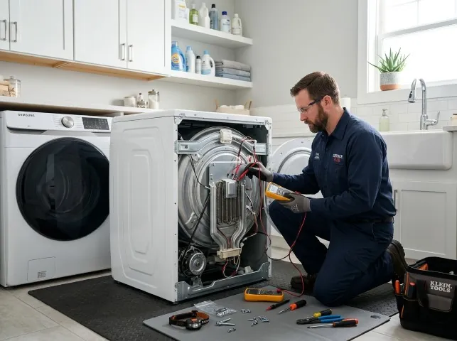 Appliance Repair Hero technician checking a dryer heating element with the rear panel off in Boston, NY