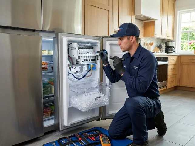 Appliance Repair Hero technician repairing a refrigerator ice maker in Boston, NY