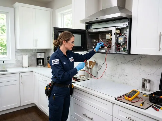 Appliance Repair Hero technician testing an over-the-range microwave in a Boston, NY kitchen