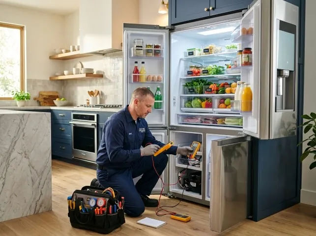 Appliance Repair Hero refrigerator technician testing a fridge on a Boston, NY service call