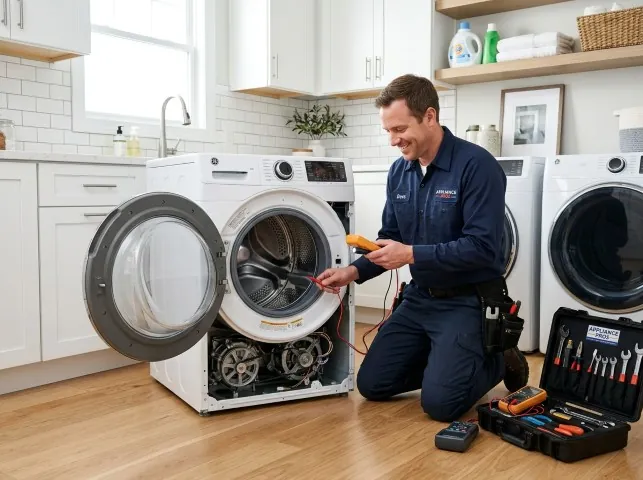 Appliance Repair Hero technician testing a front-load washer with a multimeter on a Boston, NY service call